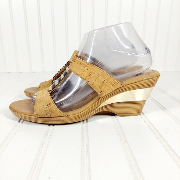 SOFFT Wedge Cork Tan Gold Accents Ultra Comfy Slip On Slide Sandals A429 - Picture 1 of 14